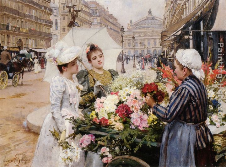 The Flower Seller, Avenue de L'Opera, Paris painting - Louis Marie de Schryver The Flower Seller, Avenue de L'Opera, Paris art painting